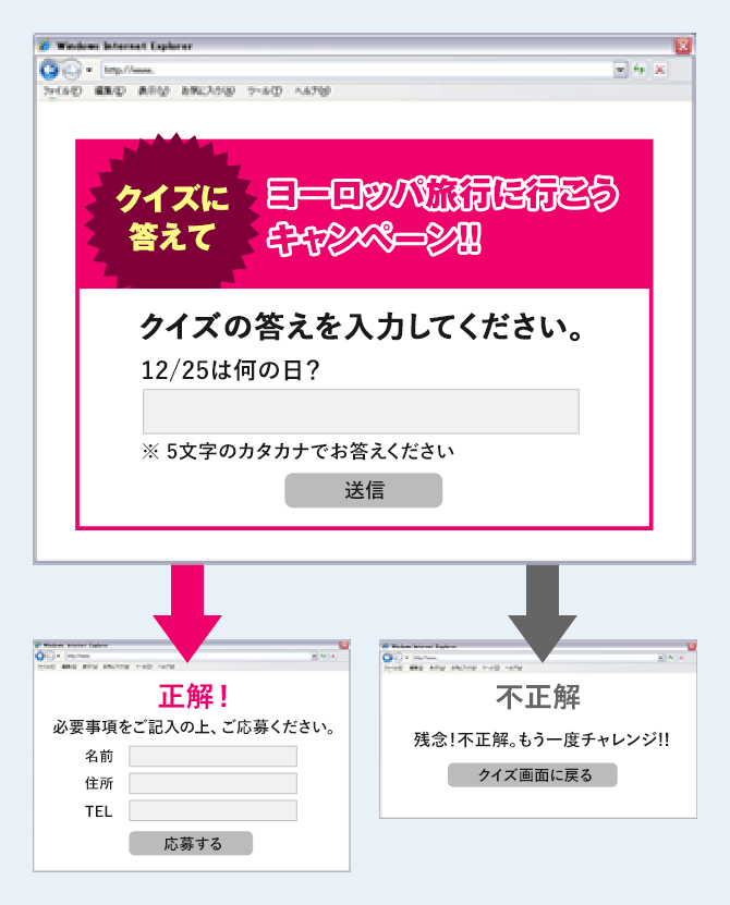 クイズの回答によってページを分岐させる機能を標準搭載