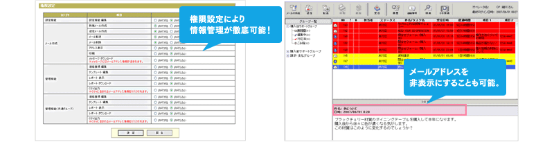 権限設定により 情報管理が徹底可能！メールアドレスを 非表示にすることも可能。