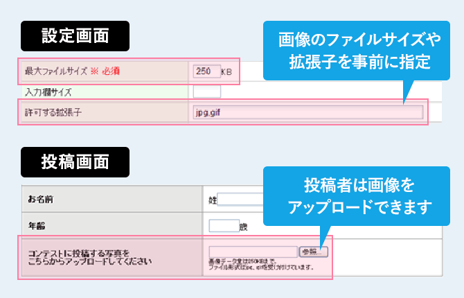 設定画面に画像のファイルサイズや拡張子を事前に指定。投稿者は画像をアップロードできます