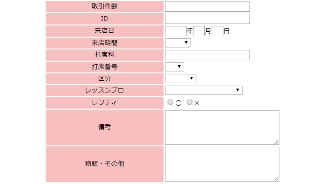 WEBCASで作成した来店履歴および売上情報の登録フォーム（一部）。