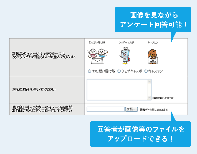 画像を見ながらアンケート回答可能！ 回答者が画像等のファイルをアップロードできる！