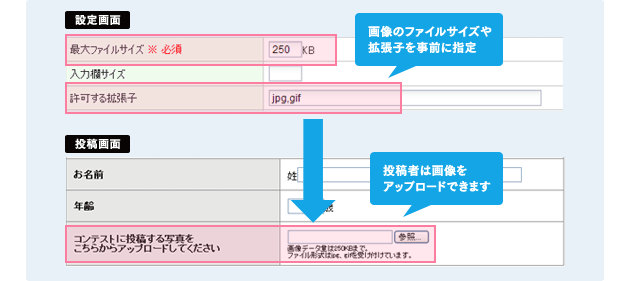 設定画面に画像のファイルサイズや拡張子を事前に指定。投稿者は画像をアップロードできます