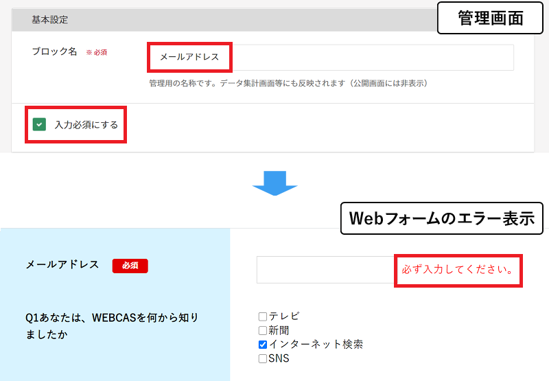 必須項目が未入力のユーザーに、自動的にエラーを表示し再入力を促すことができます。