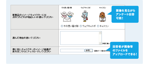 画像を見ながらアンケート回答可能！ 回答者が画像等のファイルをアップロードできる！