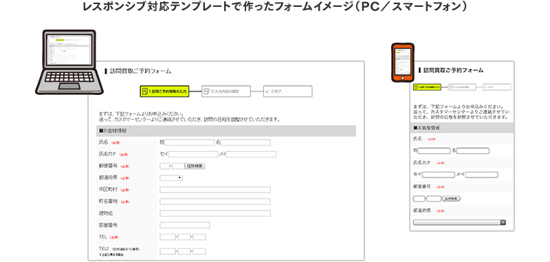 レスポンシブ対応テンプレートで作ったフォームイメージ（PC／スマートフォン）